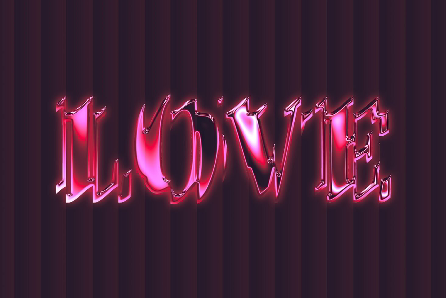 Bold pink chrome text reading the word Love on a dark striped background perfect for designers in need of graphic elements fonts typography effects