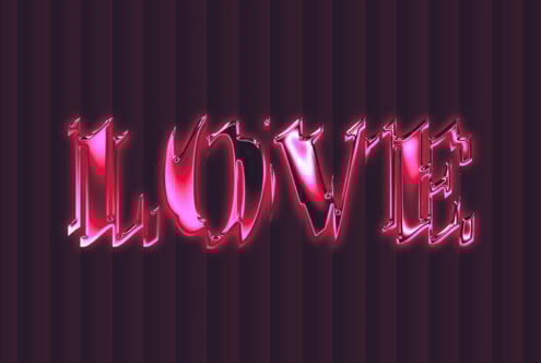 Bold pink chrome text reading the word Love on a dark striped background perfect for designers in need of graphic elements fonts typography effects