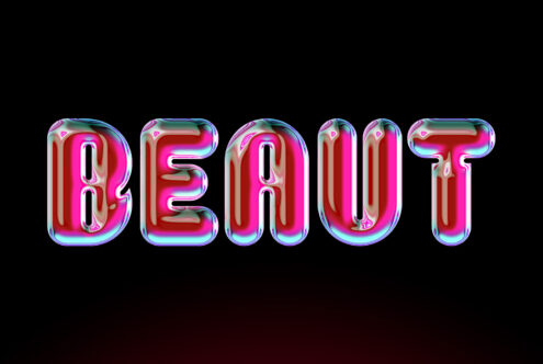 Neon glowing DEMOF text with hot pink, blue gradient iridescent liquid effect