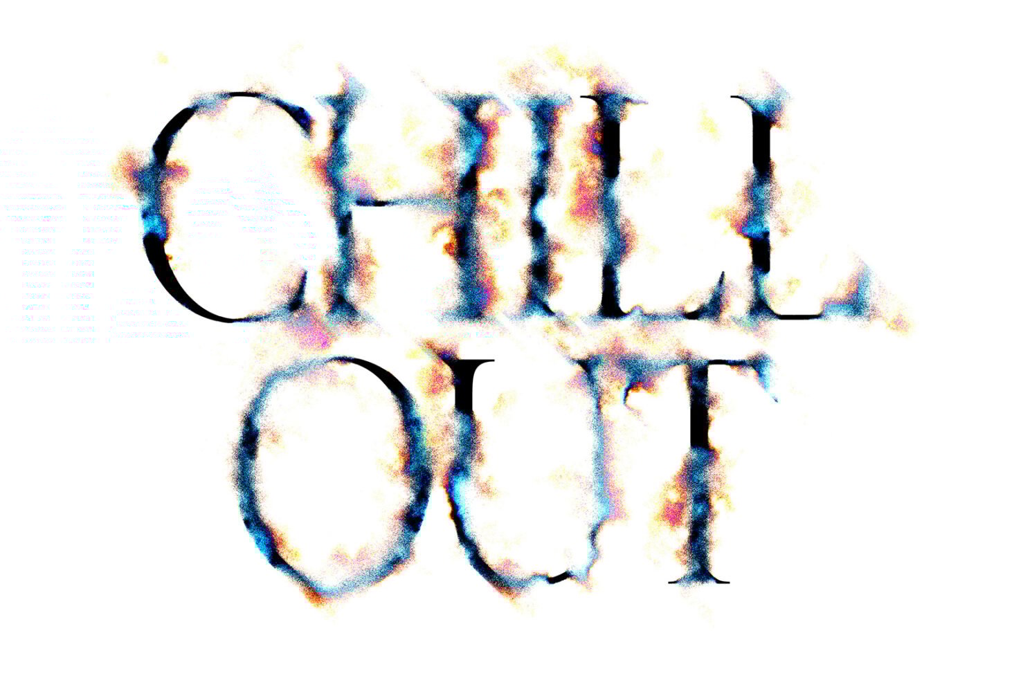 Abstract text graphic with multicolor watercolor effect reading Chill Out. Ideal for designers seeking unique typography or print design elements.