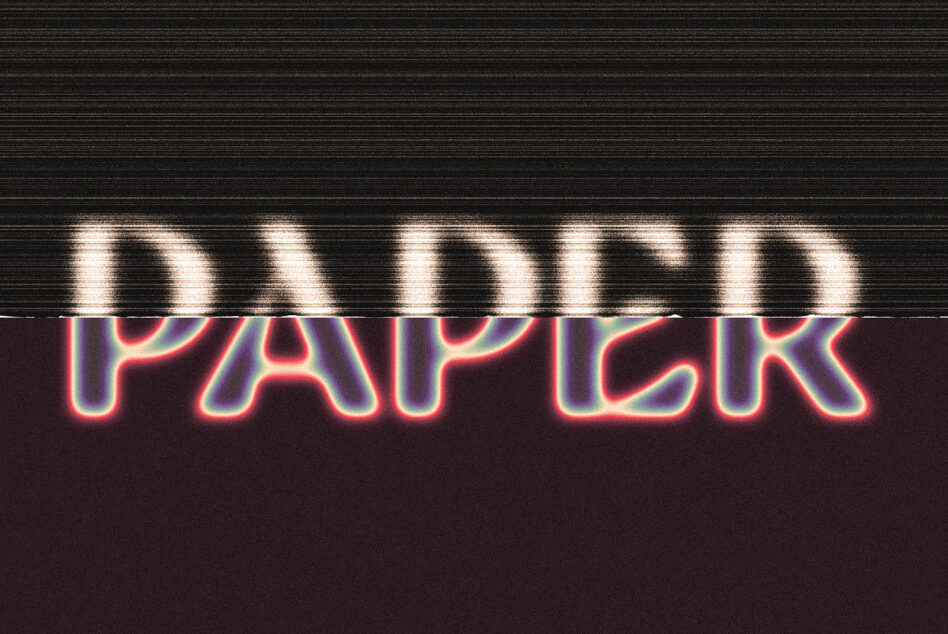 Distorted glitch text effect reading PAPER with a retro aesthetic. Ideal for graphic design, typography mockups, digital templates, visual branding assets.