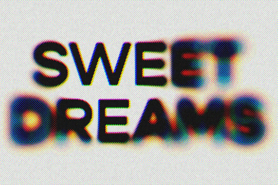 Retro halftone typographic design with SWEET DREAMS text in vibrant RGB colors suitable for design templates and graphic assets for designers.