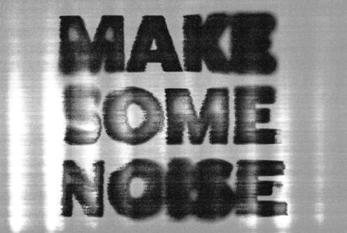Bold stencil text Make Some Noise on metallic background with reflective shadow. Ideal for graphic design, typography projects, modern poster design.