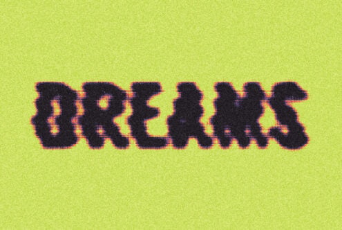 Lime green background with dark pixelated letters, neon RGB glitch effect