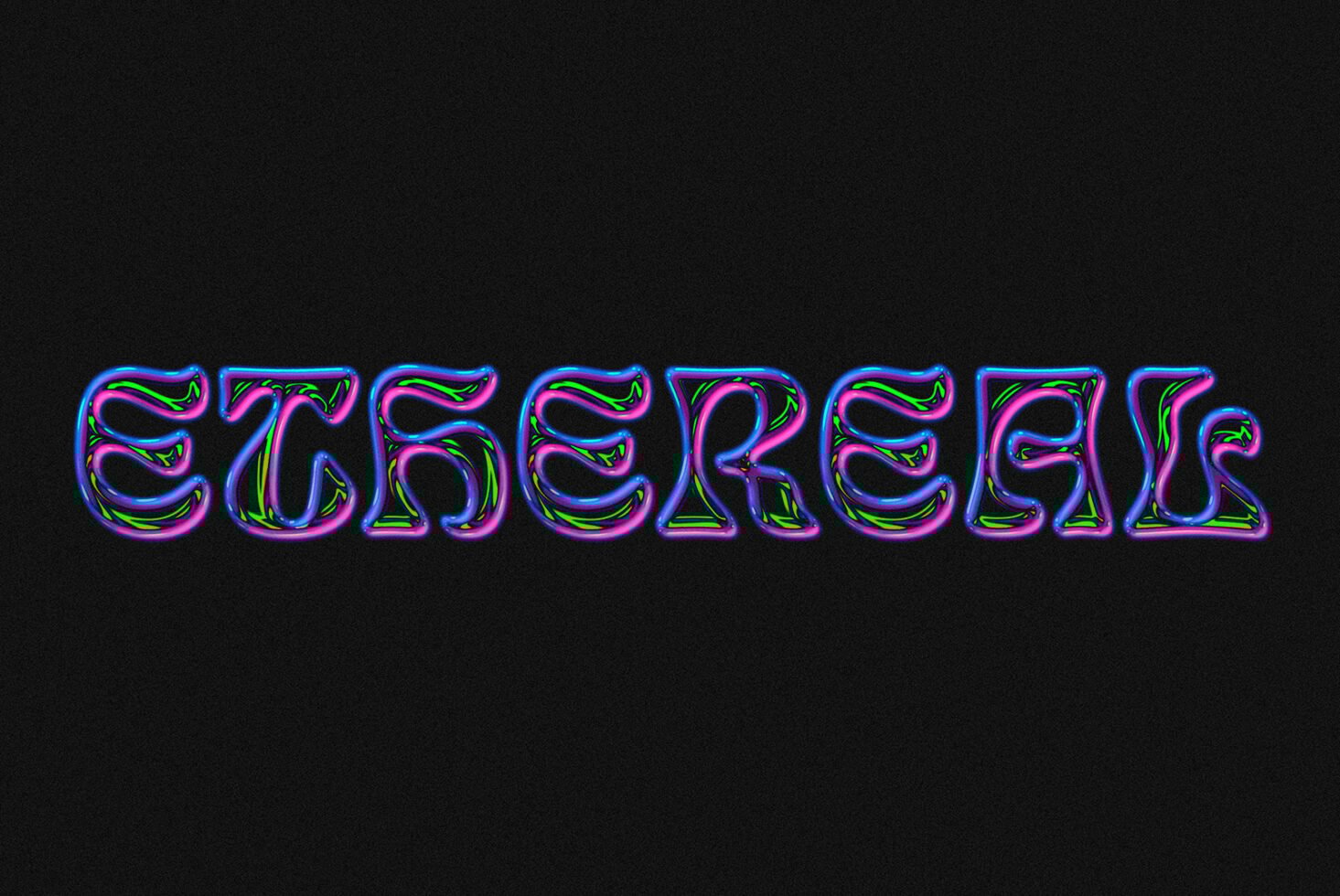 Colorful psychedelic font spelling ETHERAL on a black background, ideal for creative design projects and digital assets. Keywords: fonts, graphics, design.