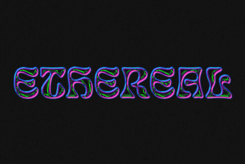 ESKERELAS neon text with layered magenta green cyan strokes on black