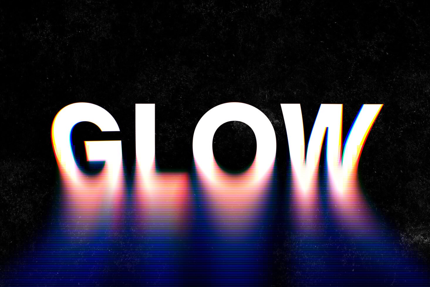 Glowing text effect with vibrant neon colors and shadow reflection on a dark textured background. Perfect for graphic design, fonts, digital art projects.