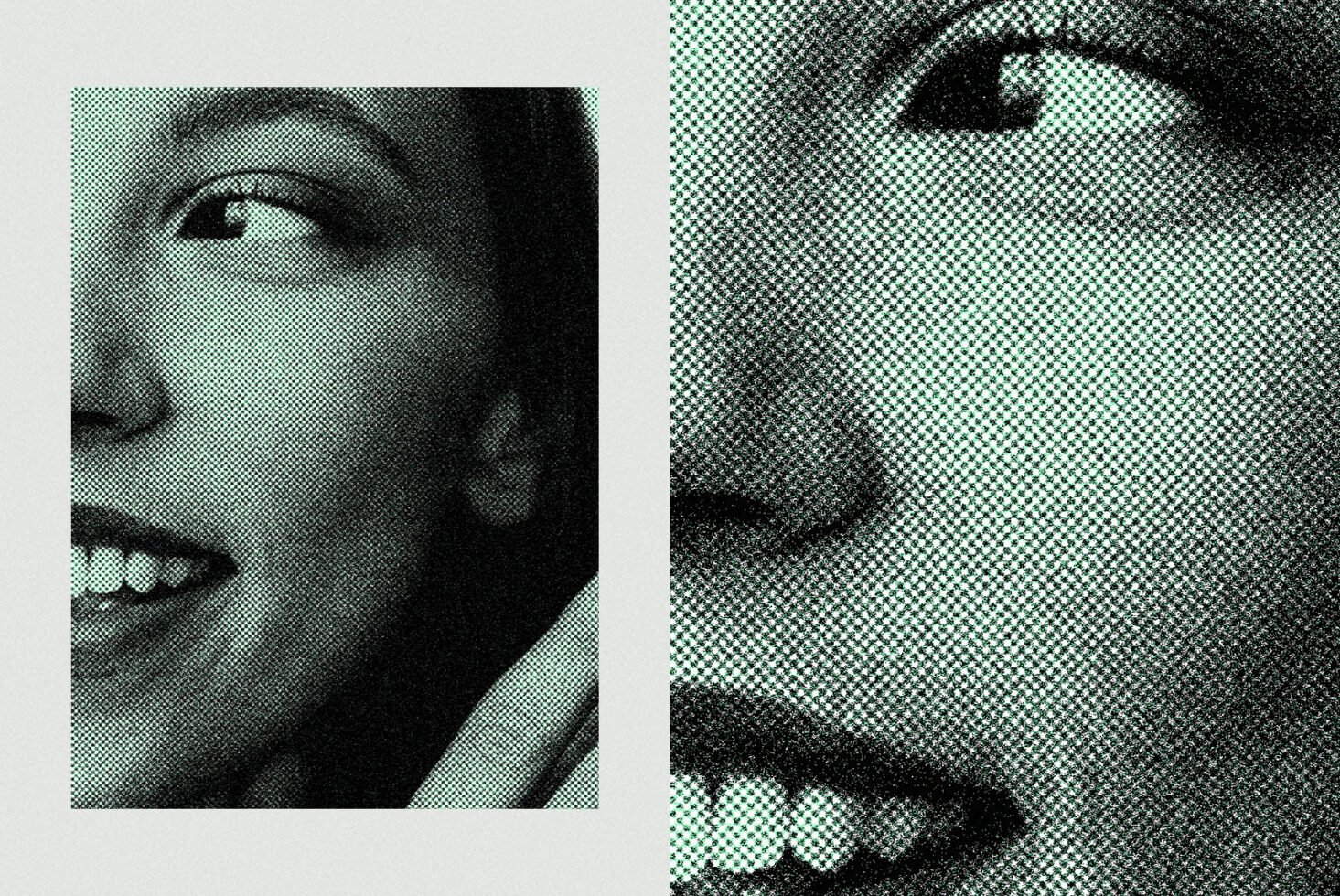 Halftone effect close-up of a smiling face in teal color tones. Perfect for graphic design projects or print templates. Retro style, texture, pattern.