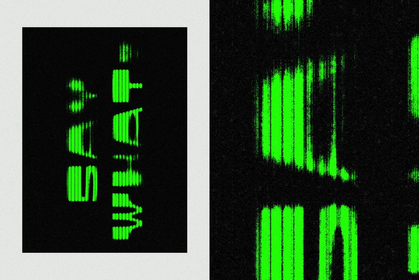 Glitchy green abstract typography on black background for digital designs unique creative fonts artistic graphics designer tools visual inspiration assets.