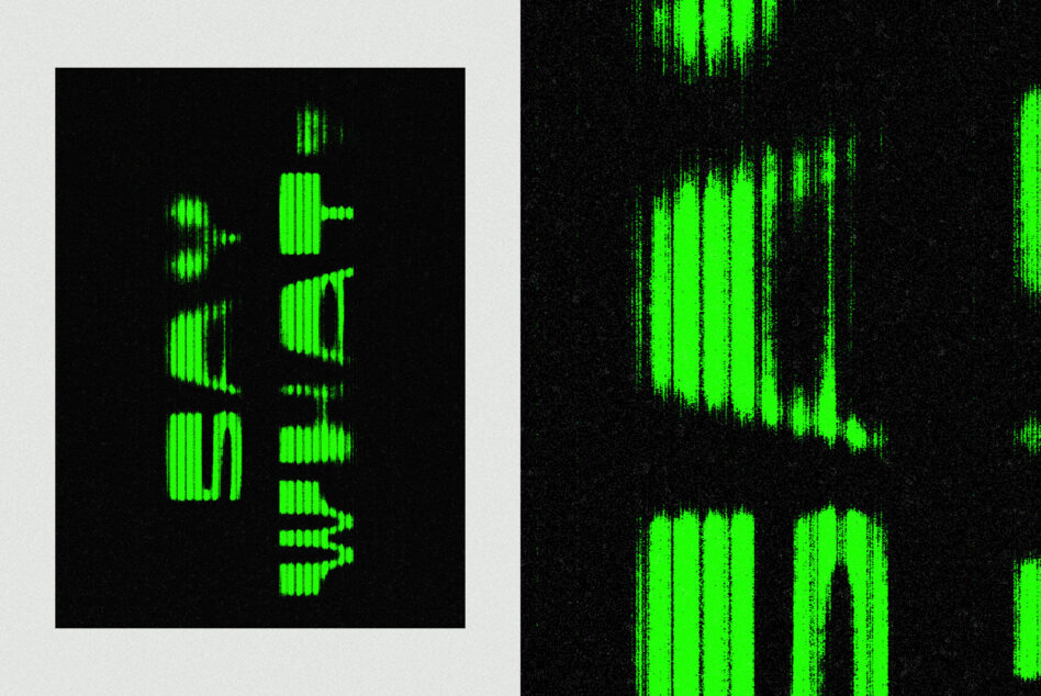 Bright green vertical lines forming abstract shapes with pixelated glitch style