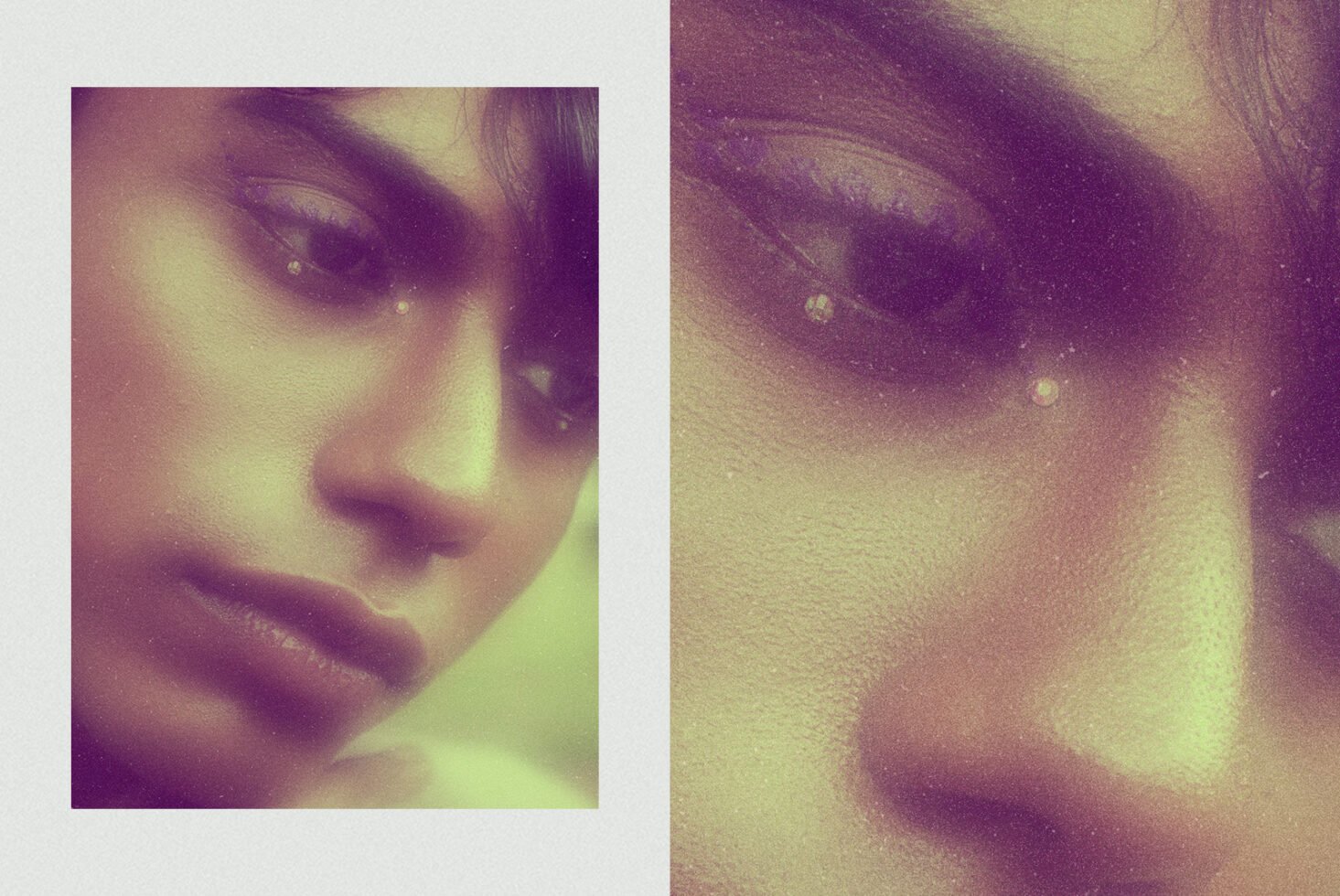 Portrait showcasing a close-up of a person's face with artistic grainy texture, ideal for graphic design inspiration and template backgrounds.