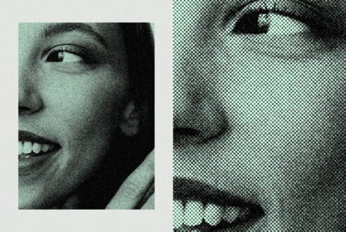 Halftone effect close-up of a smiling face in teal color tones. Perfect for graphic design projects or print templates. Retro style, texture, pattern.