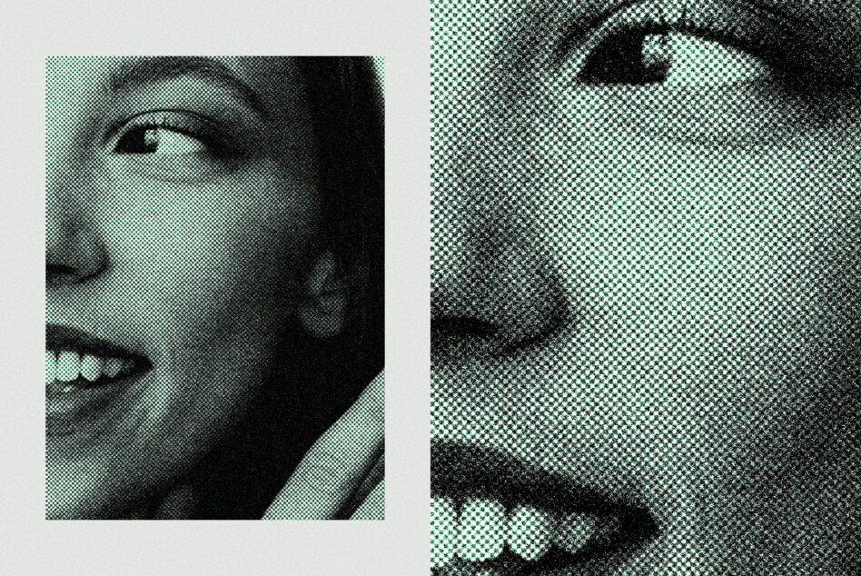 Split halftone diptych with checkerboard texture, portrait details closeup