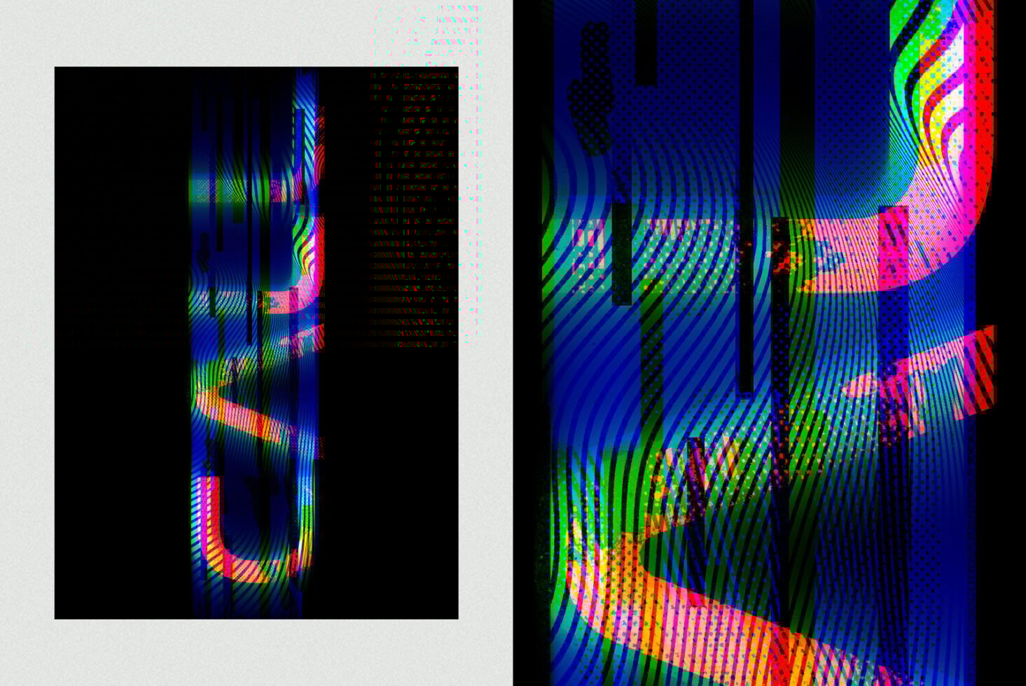Colorful abstract graphic template featuring neon glitch effect with vertical lines and geometric patterns ideal for digital assets and designer projects.