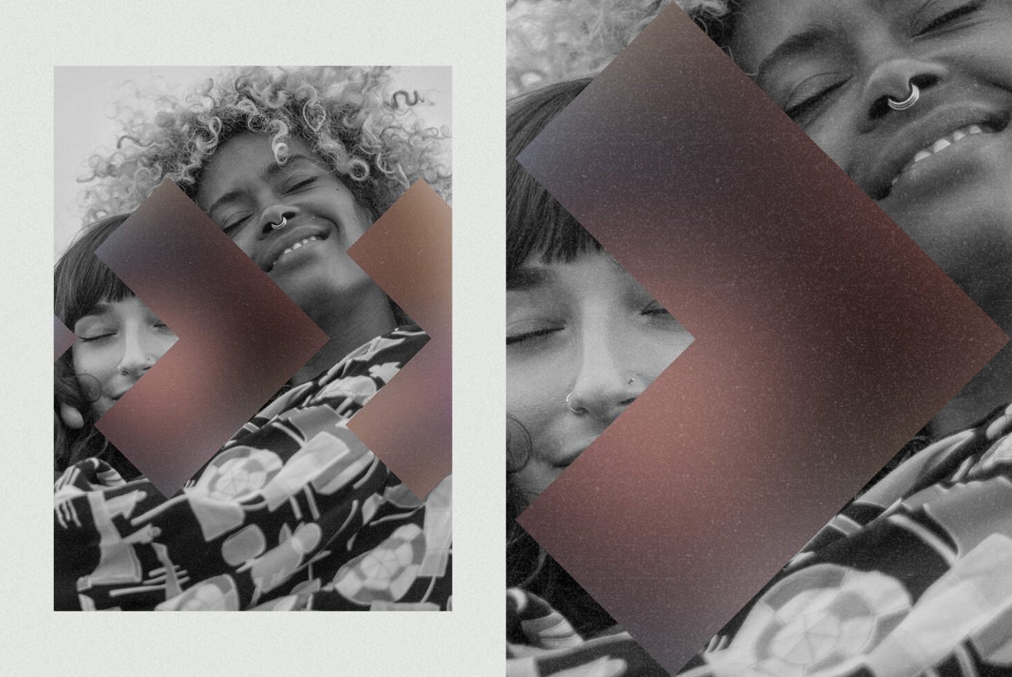 Two people embracing, with geometric shapes overlay. Abstract design mockup for designers. Black and white image with subtle color gradients.