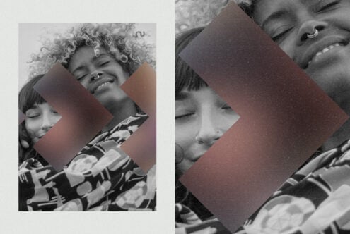 Black white photo with gradient colored geometric shape overlays