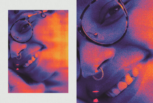 Colorful gradient illustration of a smiling person wearing glasses and a nose ring vibrant digital art style suitable for graphic design projects.