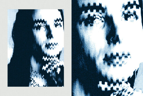 Halftone portrait design in blue tones. Perfect for graphic designers seeking unique textures, retro aesthetics, intricate patterns, and visual interest.
