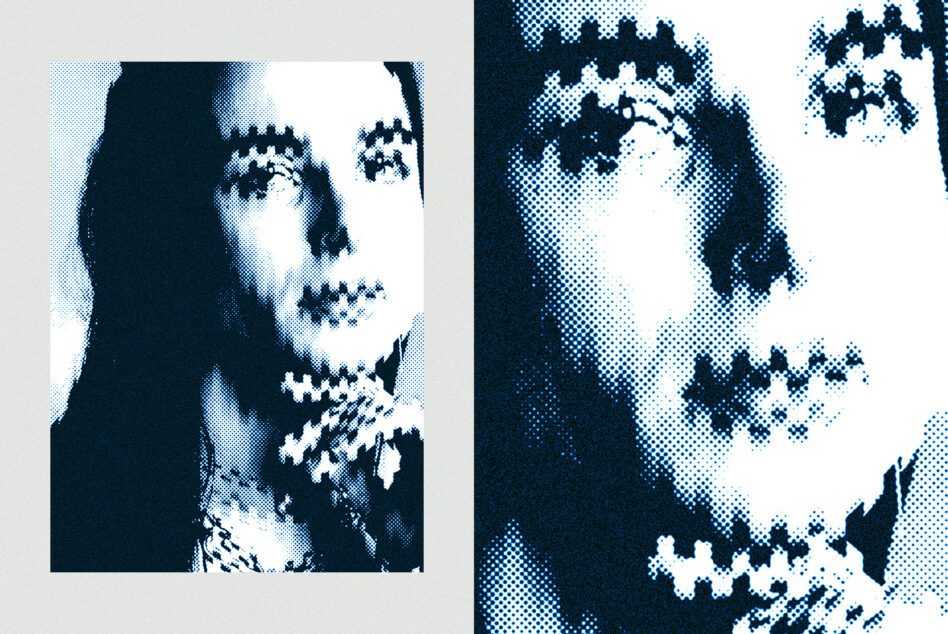 Split image showing portrait halftone effect with navy pixels on white background