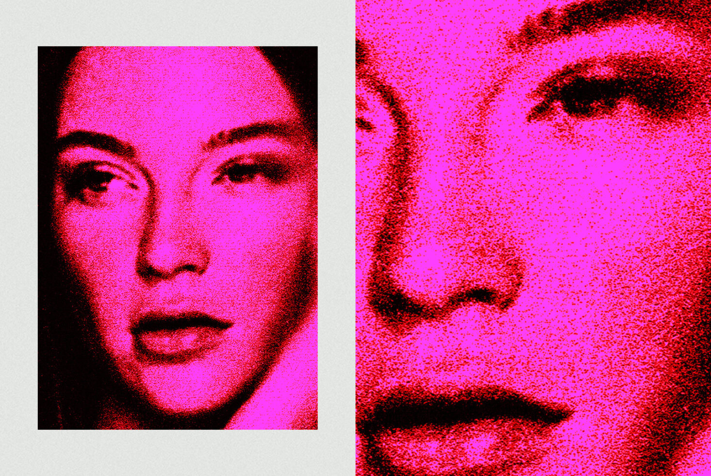 Pop art portrait in vibrant pink tones; close-up of face with textured halftone effect. Ideal for graphic design projects and modern art templates.