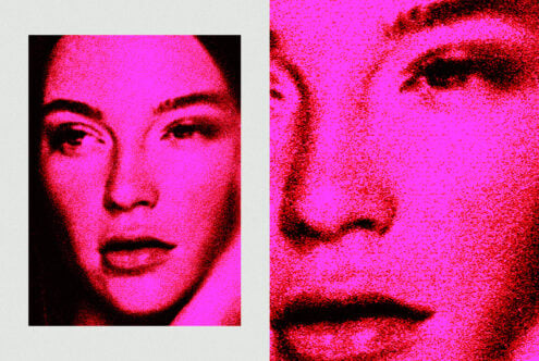 Pop art portrait in vibrant pink tones; close-up of face with textured halftone effect. Ideal for graphic design projects and modern art templates.