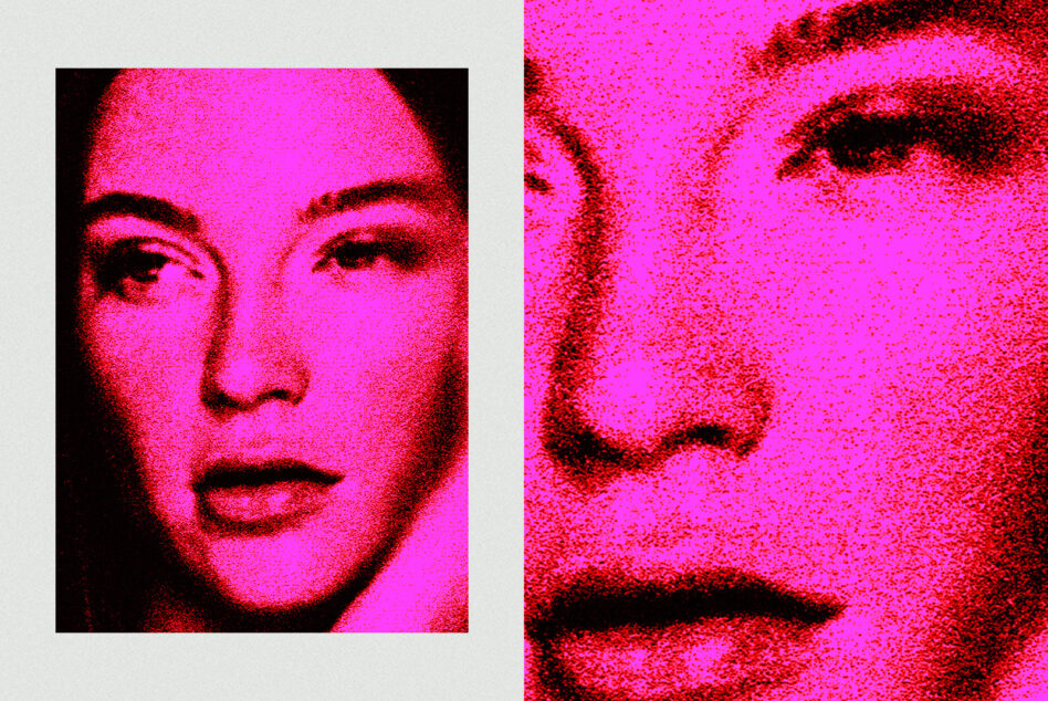 Split pixelated portrait faces in hot pink, red, orange grain effect mockup