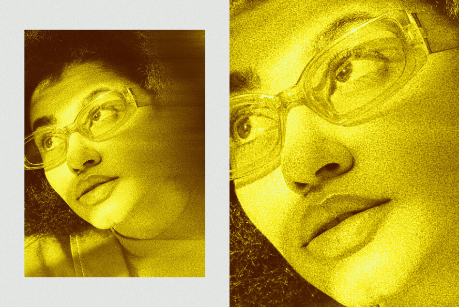 Side-by-side portrait photos with yellow tone, person wearing glasses looking upward