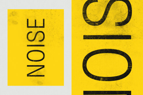 Split layout showing noise text vertically on left, geometric shapes on right in yellow