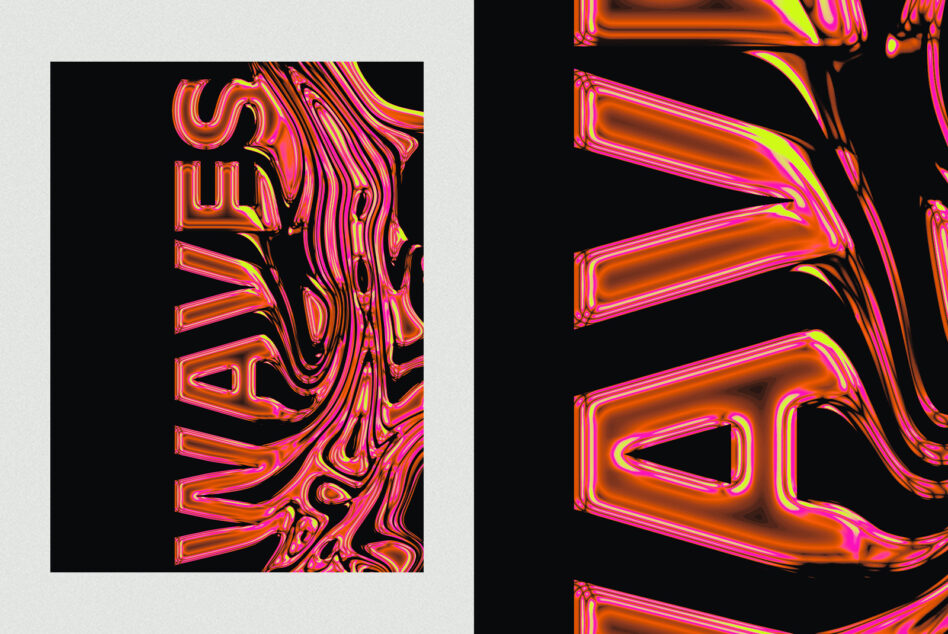 Neon tube letterforms close up glowing pink orange yellow