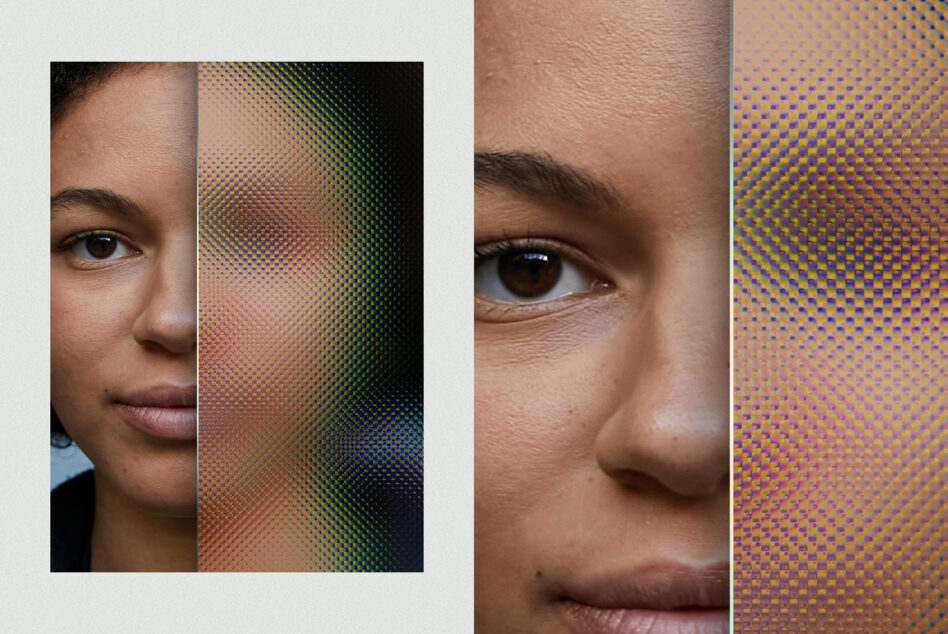 Side profile split between unprocessed portrait, colorful pixelated halftone mosaic effect