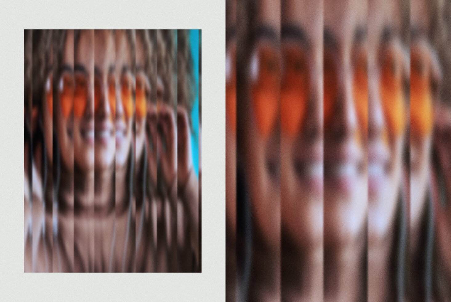 Blurred abstract image of a person with heart-shaped sunglasses smiling. Vibrant colors and creative distortion make it ideal for graphic design projects.