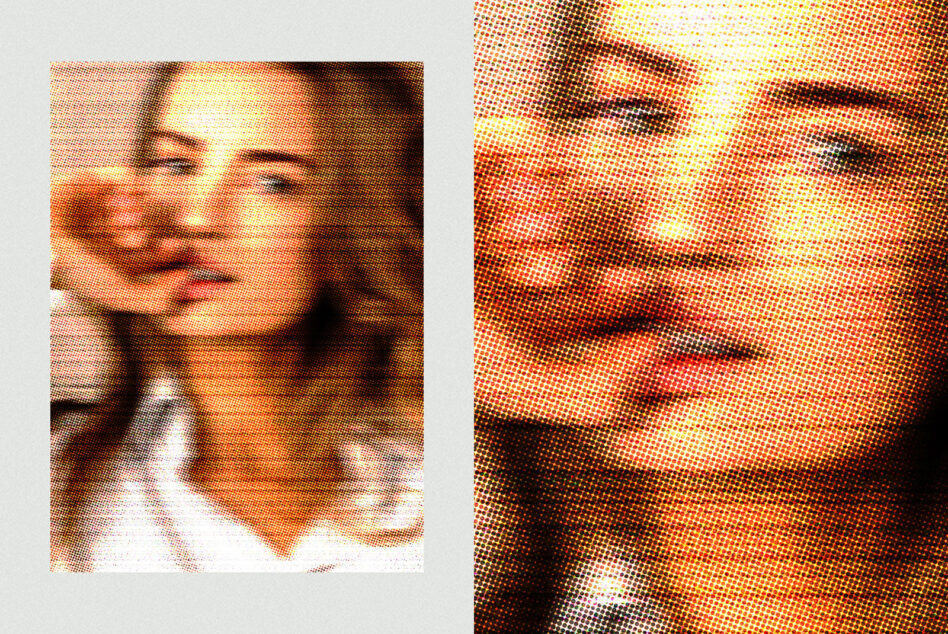 Two portraits with orange halftone dots zoom comparison