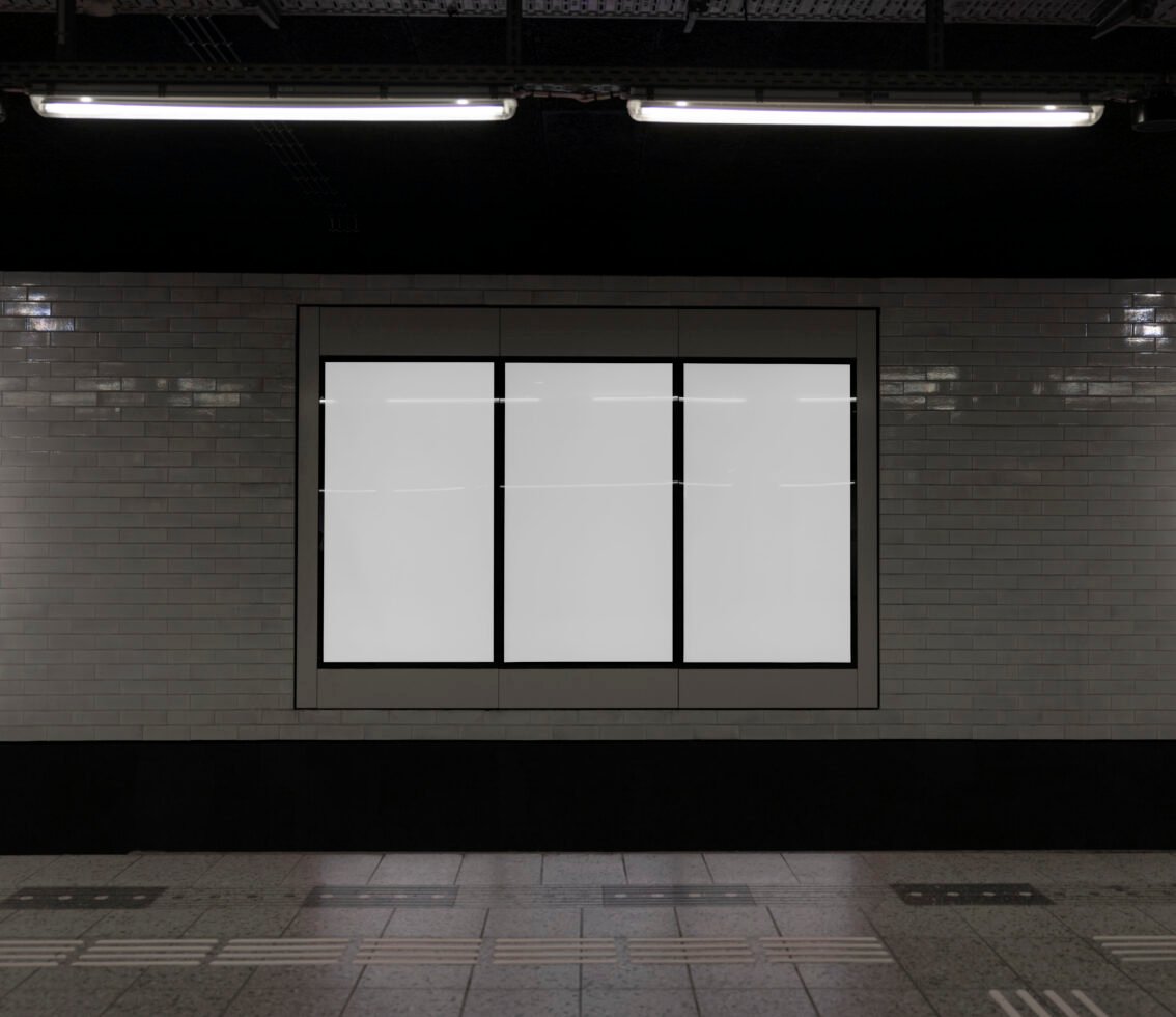 Subway advertising billboard mockup with blank frame on tiled wall ideal for graphic design presentation templates and urban marketing backgrounds.
