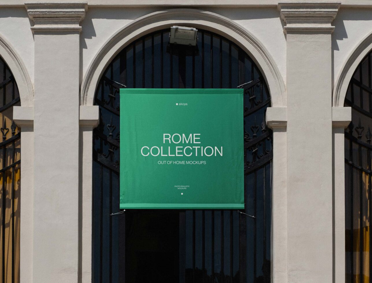 Green outdoor banner mockup against an arched building entrance; ideal for showcasing graphic design projects. Perfect for designers seeking photorealistic templates.