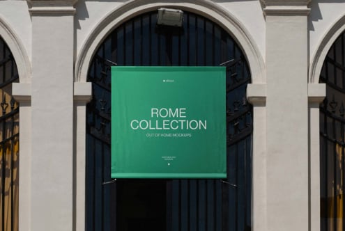 Green stretched banner mounted between stone columns showing Rome Collection design