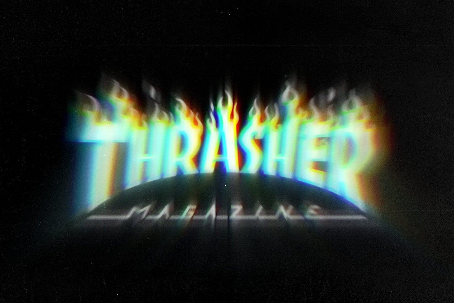 Glowing THRASHER text with rainbow chrome effect over dark background