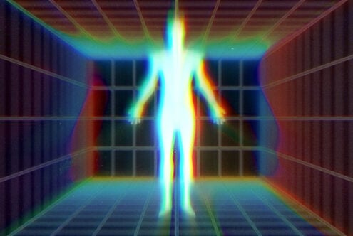 Futuristic holographic human figure in a vibrant rainbow grid background. Ideal for digital designs graphics virtual reality concepts. Retro aesthetic.