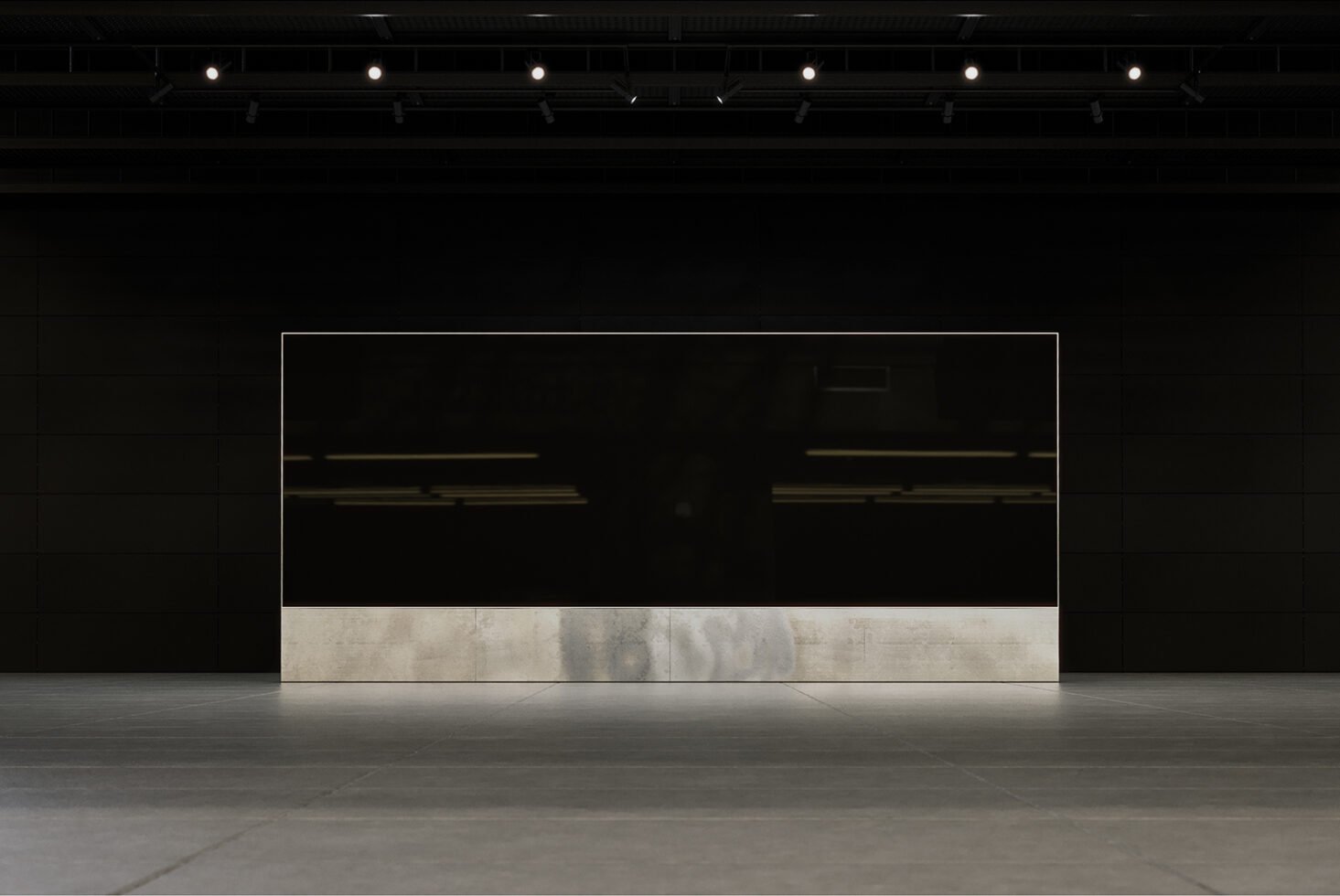 Minimalist modern gallery interior with large black panel, concrete base, and bright spotlights. Perfect for mockups, presentation templates, sleek design.
