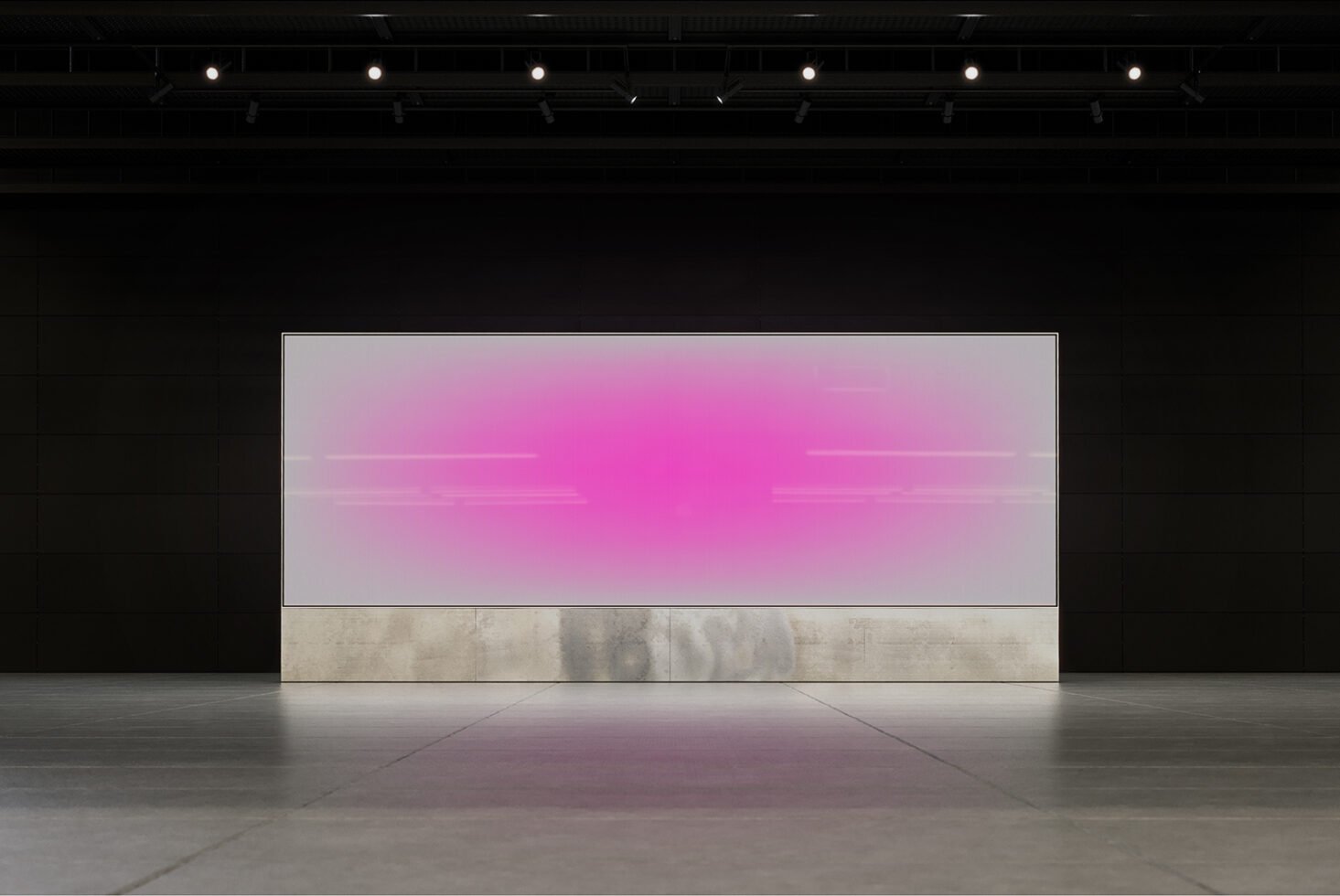 Minimalist mockup of an empty gallery space featuring a large rectangular panel with a vibrant pink gradient. Ideal for showcasing art designs templates.