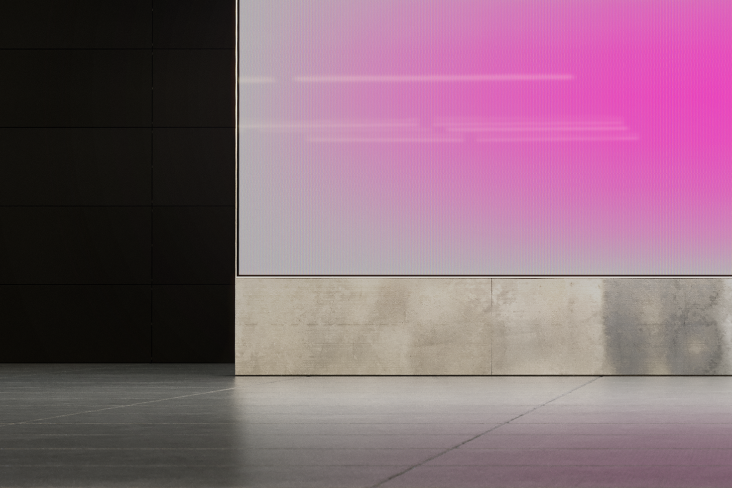 Modern interior billboard mockup with blank pink screen and dark wall background perfect for digital design presentations and branding materials.