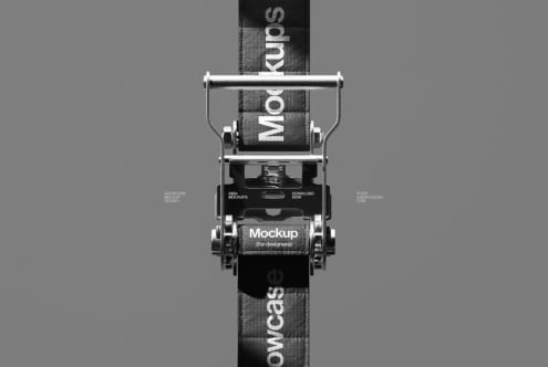 Industrial ratchet strap mockup on gray background showcasing product branding. Ideal for graphic designers and mockup template assets.