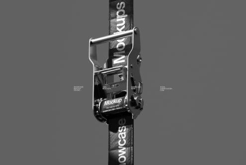 Close-up of a metal ratchet buckle with a black strap labeled Mockup on a gray background suitable for showcasing product design mockups with realism.