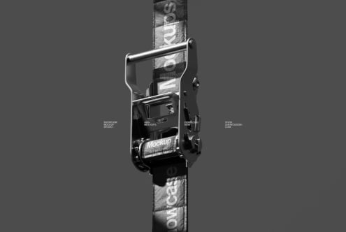 Steel ratchet strap mockup on gray background for designers highlighting sturdy hardware and detailed textures. Ideal for product presentation templates.