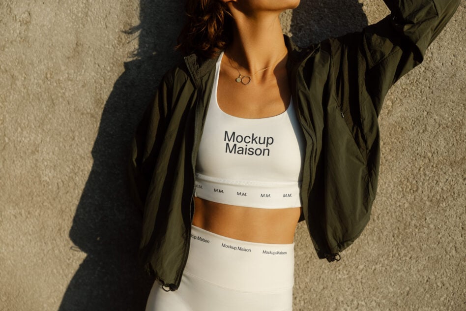 Woman wearing white sports bra with text print under olive jacket