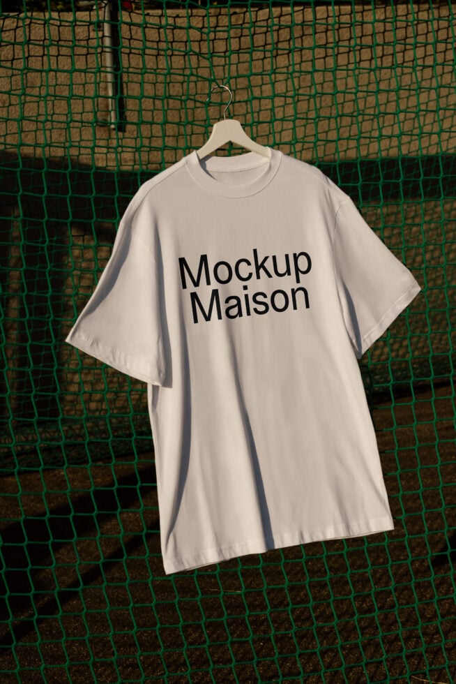 White T-shirt mockup on a hanger against a green net backgroundperfect for apparel design templates fashion graphics digital assets designers