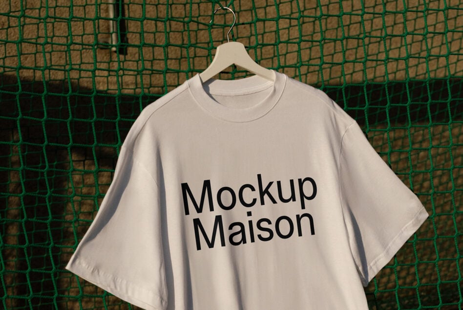 Cream colored t-shirt on light wood hanger with black text design on green mesh wall