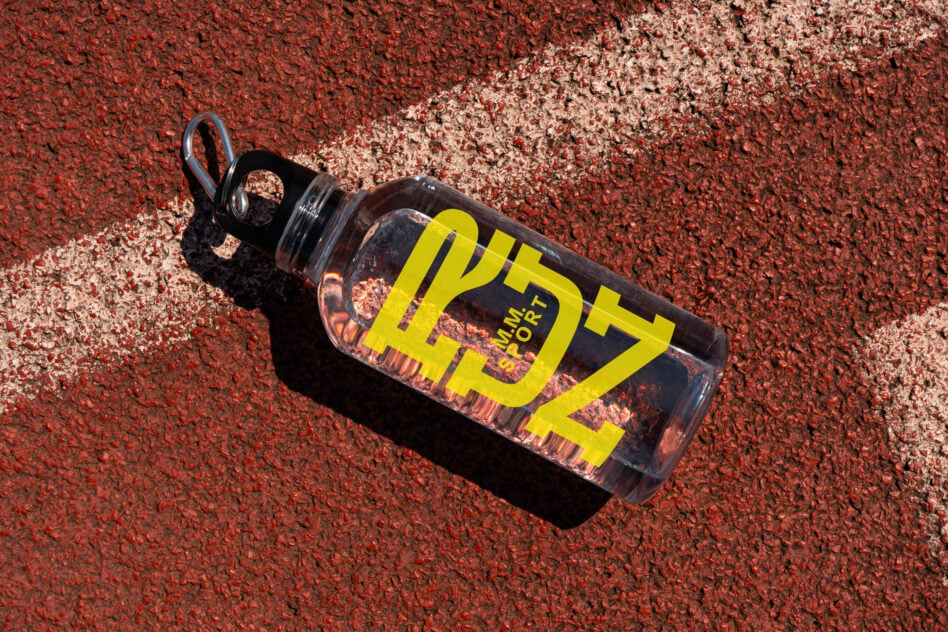 Sports water bottle with bright yellow label on red clay court surface