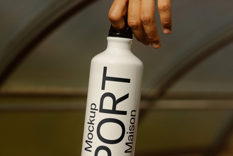Close up of matte black bottle with cream vertical lettering held in hand