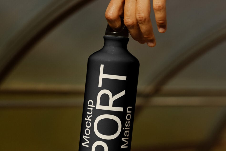 Hand holding matte black aluminum bottle with cream text mockup