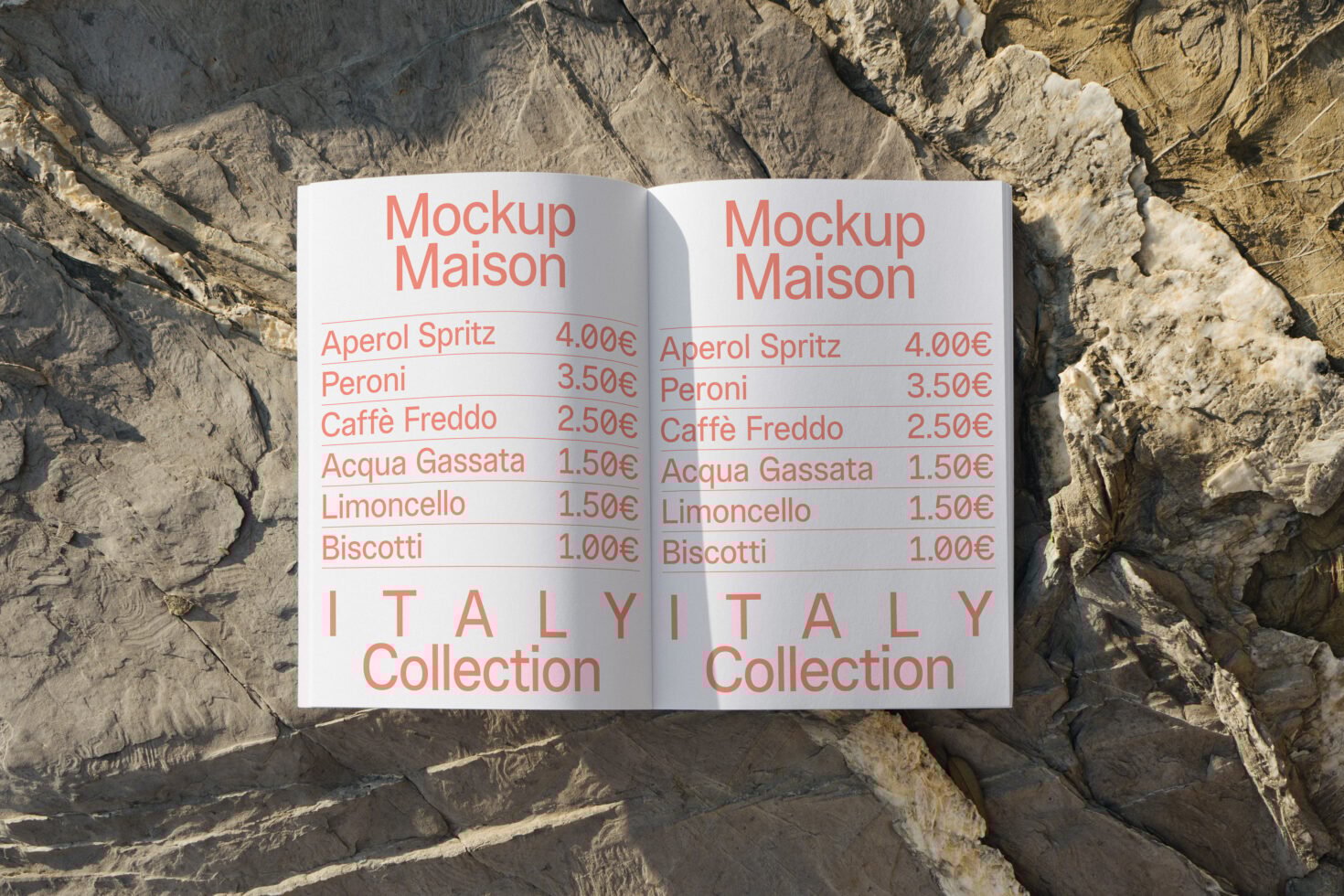 Open book mockup on textured stone surface, featuring Italian menu items in red text. Perfect for designers needing high-quality templates and graphics.